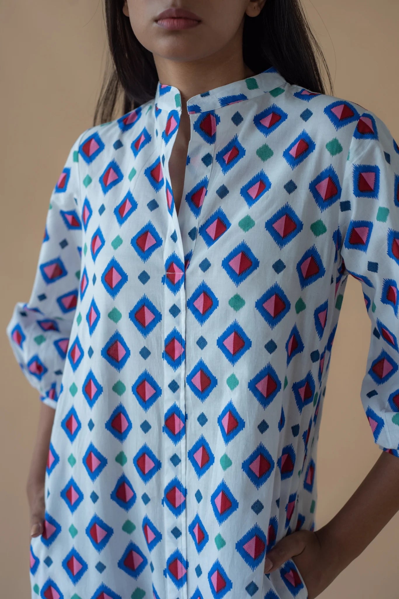 Geometric Print Shirt Dress - Blue Inclined Square
