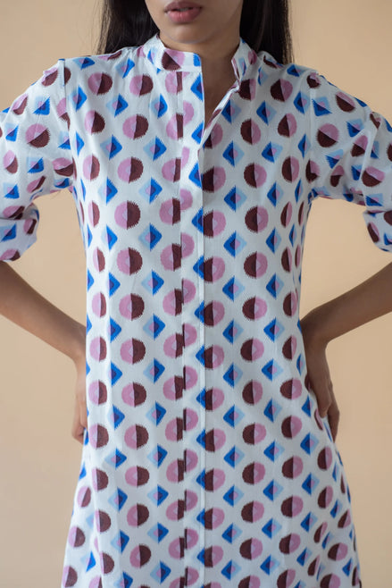 Geometric Print Shirt Dress - Blue/Maroon