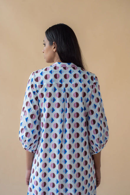Geometric Print Shirt Dress - Blue/Maroon