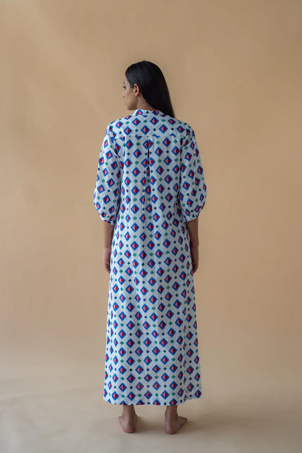 Geometric Print Shirt Dress - Blue Inclined Square