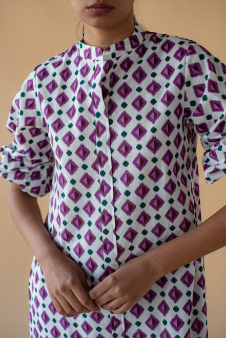 Geometric Print Shirt Dress - Purple