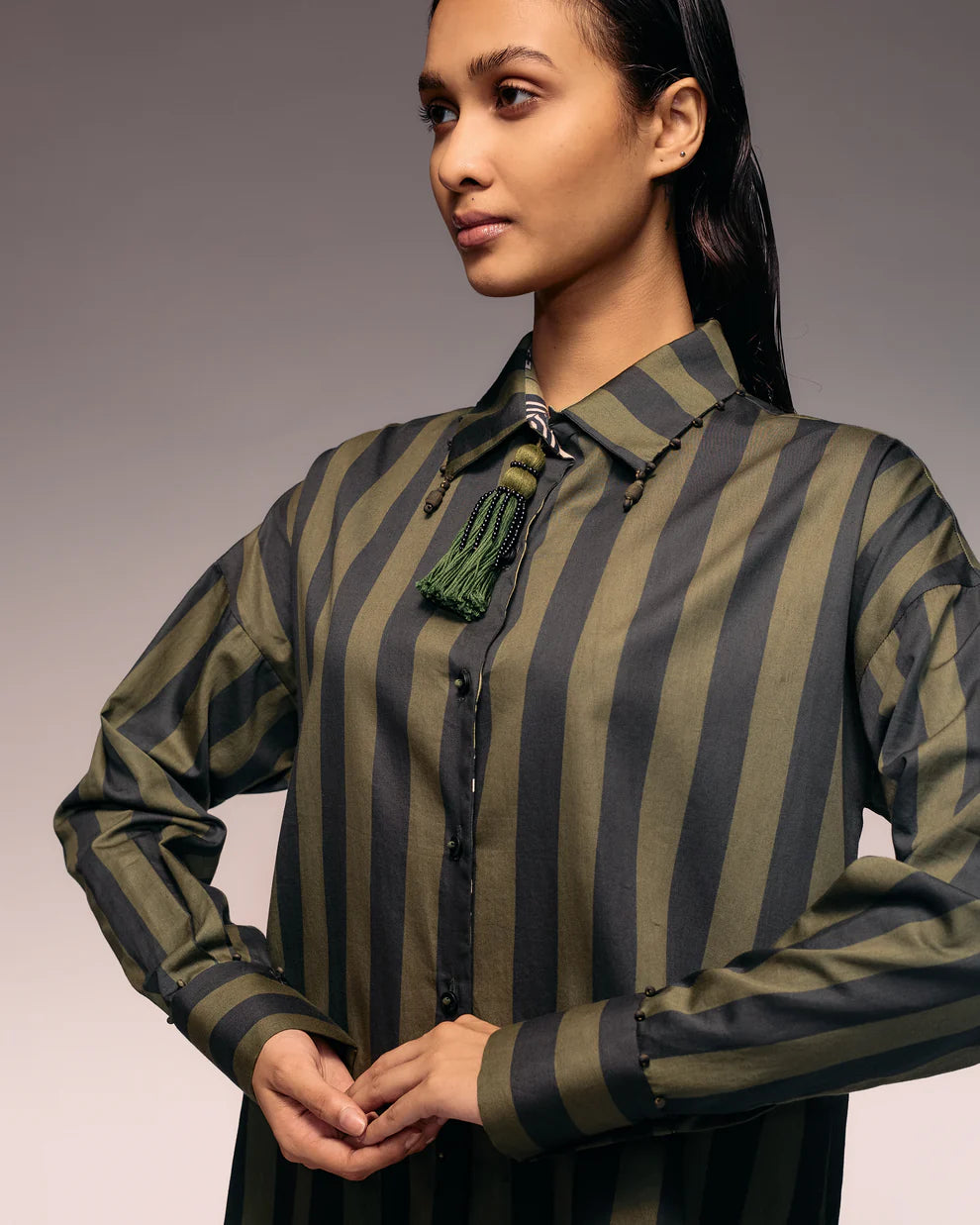 Green Black Stripe Shirt Dress