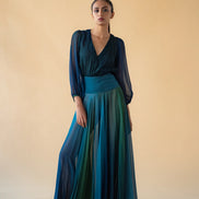 Green and Blue Cross Neck Georgette Ombre Long Dress