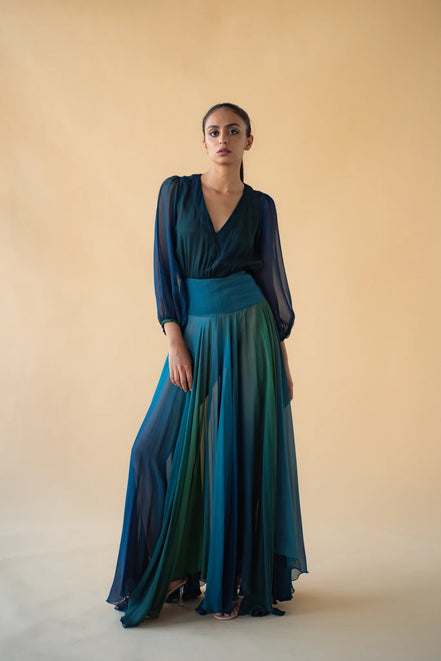 Green and Blue Cross Neck Georgette Ombre Long Dress