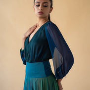 Green and Blue Cross Neck Georgette Ombre Long Dress