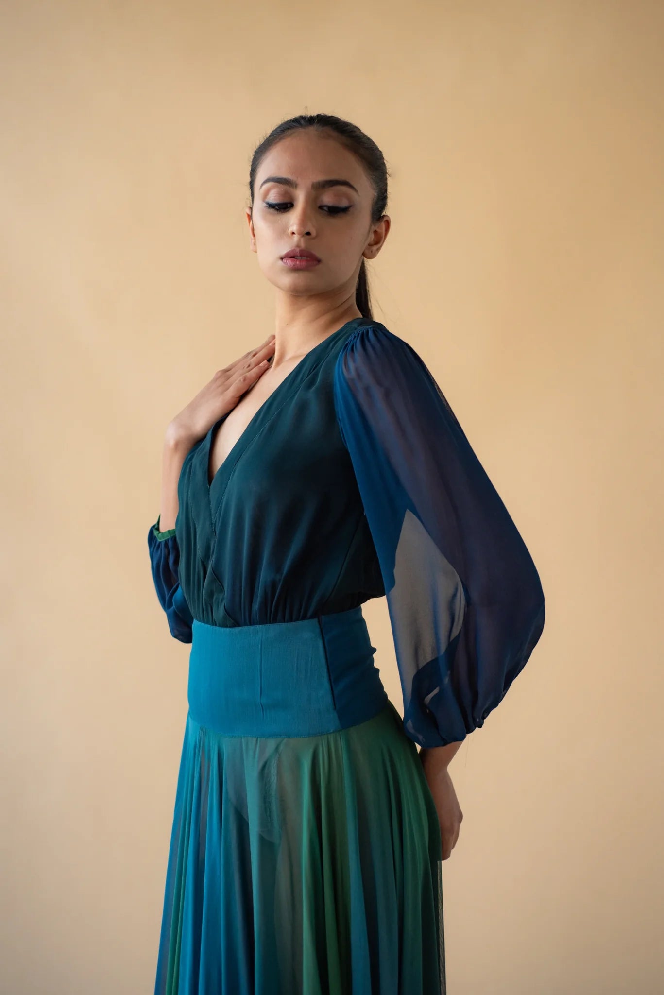 Green and Blue Cross Neck Georgette Ombre Long Dress