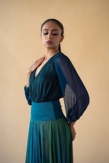 Green and Blue Cross Neck Georgette Ombre Long Dress