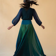Green and Blue Cross Neck Georgette Ombre Long Dress