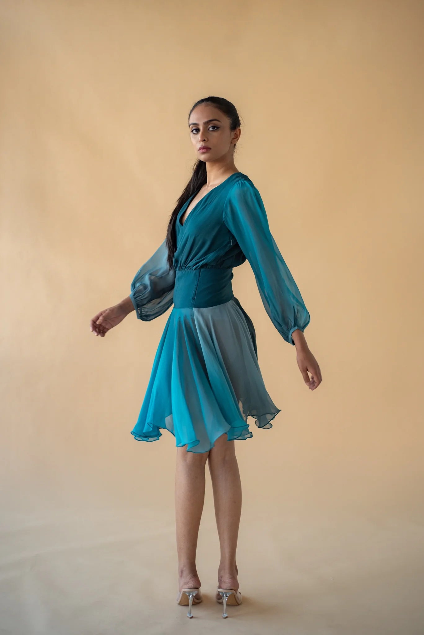Green and Blue Georgette Ombre Short Dress