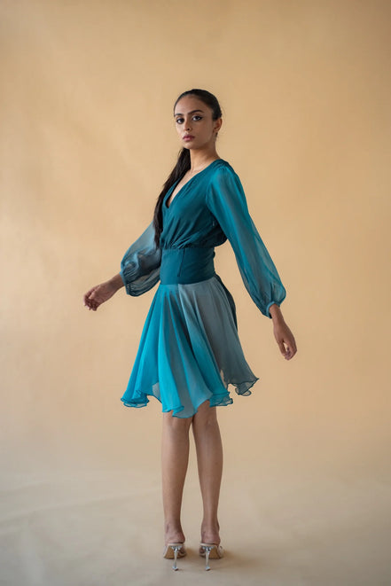 Green and Blue Georgette Ombre Short Dress