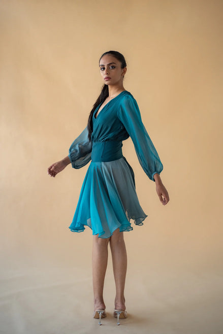 Green and Blue Georgette Ombre Short Dress