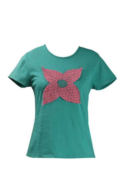 Green knit Floral applique tee shirt