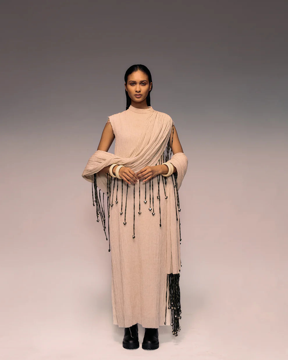 Ivory Crushed Tassel Scarf Dress