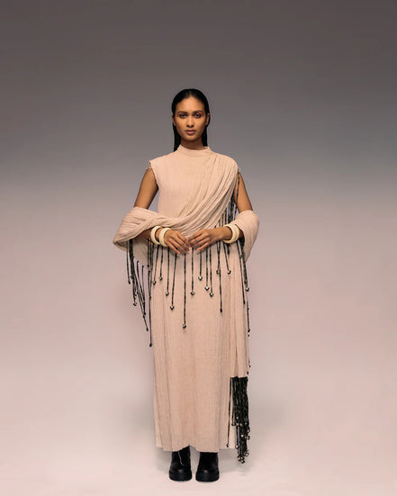 Ivory Crushed Tassel Scarf Dress