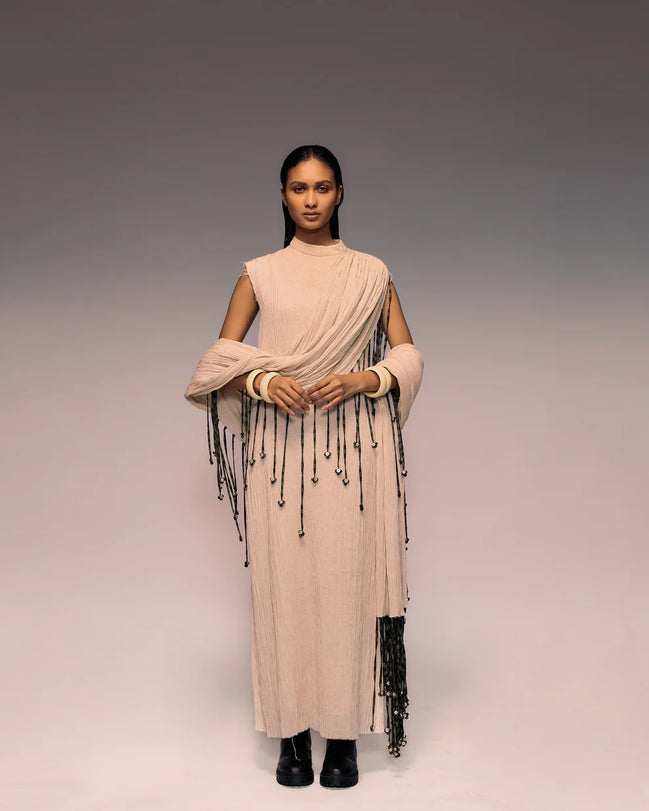Ivory Crushed Tassel Scarf Dress