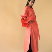 Lawn Coat with Frilled Sleeve in Pastel Orange Color