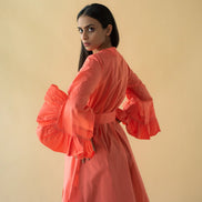 Lawn Coat with Frilled Sleeve in Pastel Orange Color