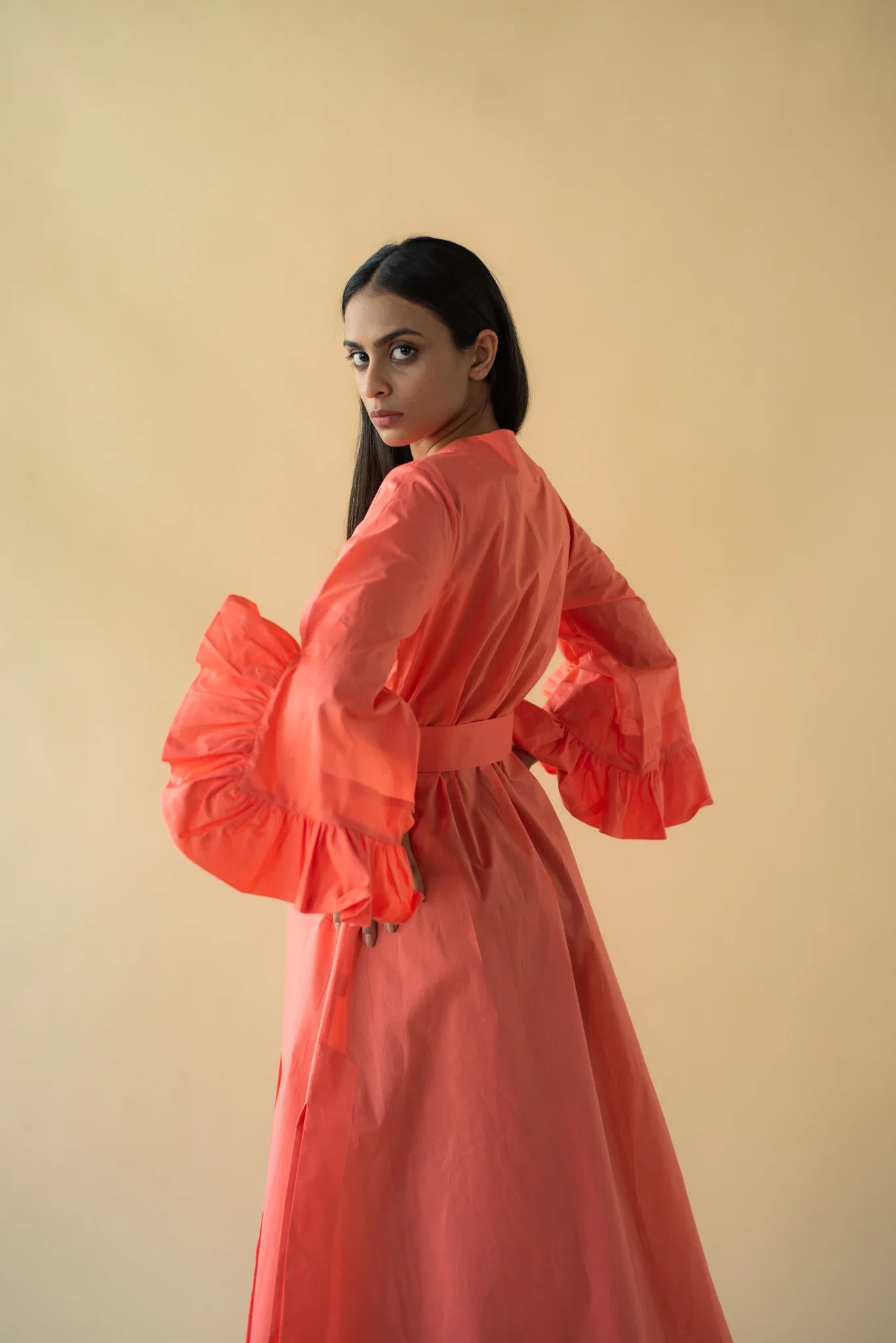 Lawn Coat with Frilled Sleeve in Pastel Orange Color