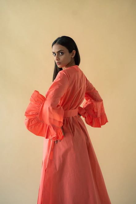 Lawn Coat with Frilled Sleeve in Pastel Orange Color