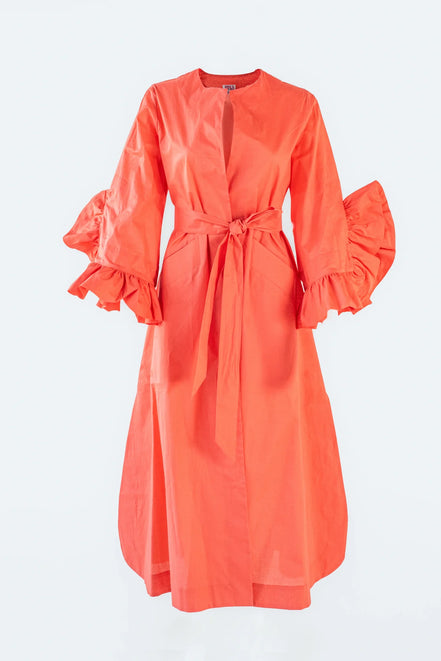Lawn Coat with Frilled Sleeve in Pastel Orange Color