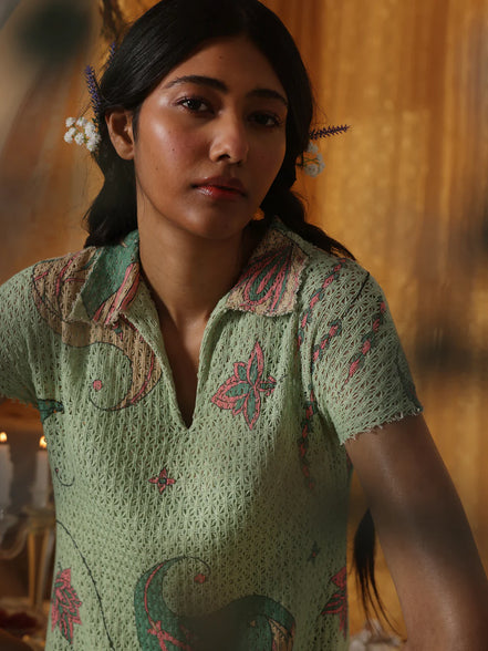 Mint Green Cotton Net Collared