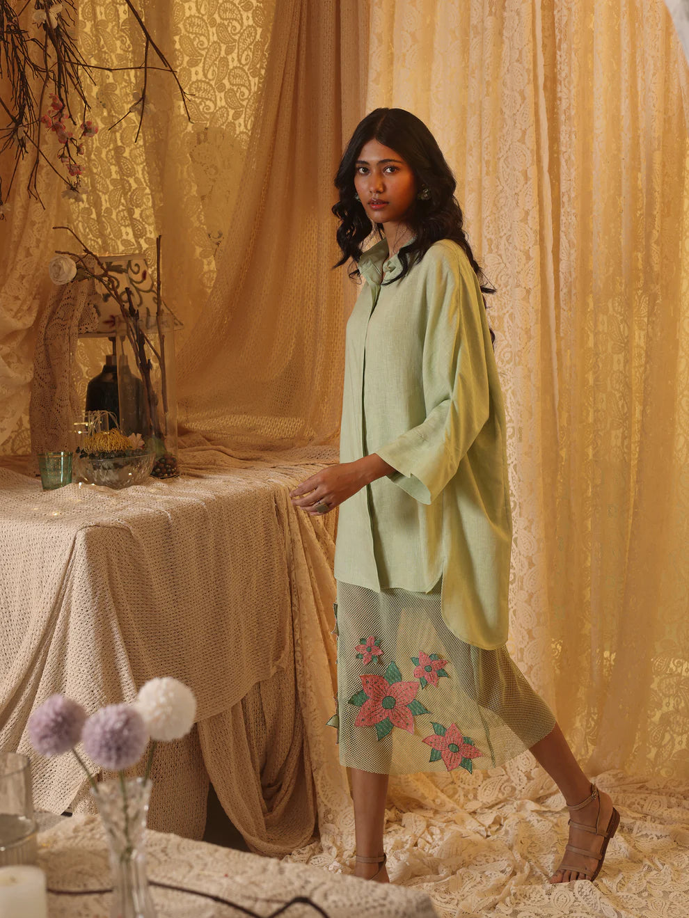 Mint Green Floral Applique Skirt