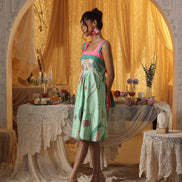 Mint Paisley Short Dress With Back Tie-up