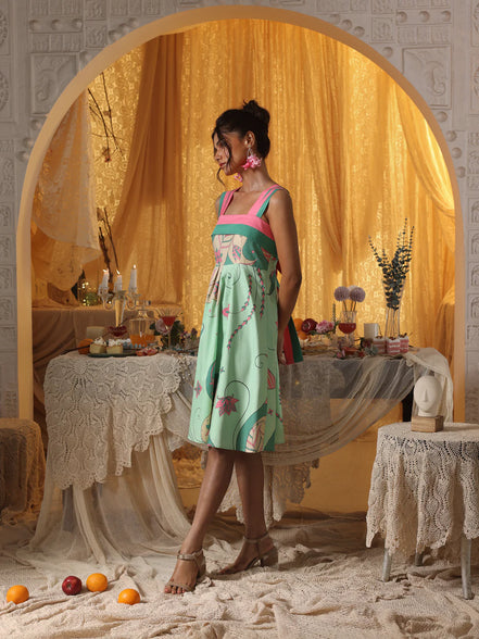 Mint Paisley Short Dress With Back Tie-up