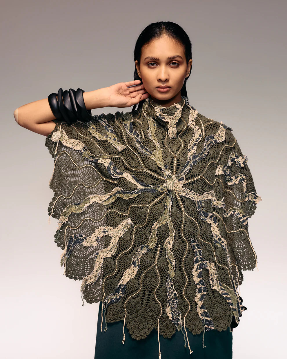 Olive Embroidered Crochet Cape