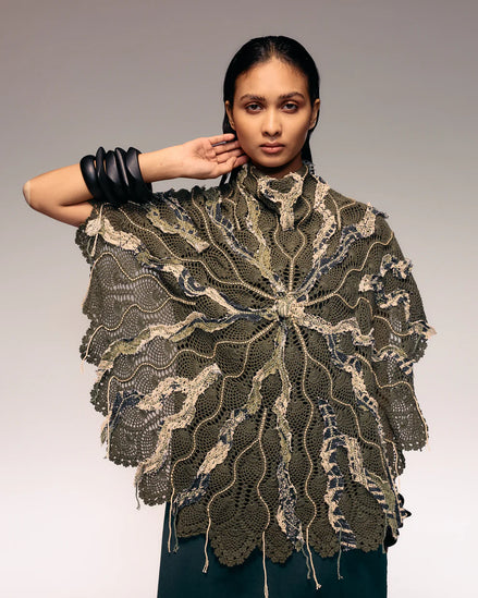 Olive Embroidered Crochet Cape with Knit Midi Dress Set