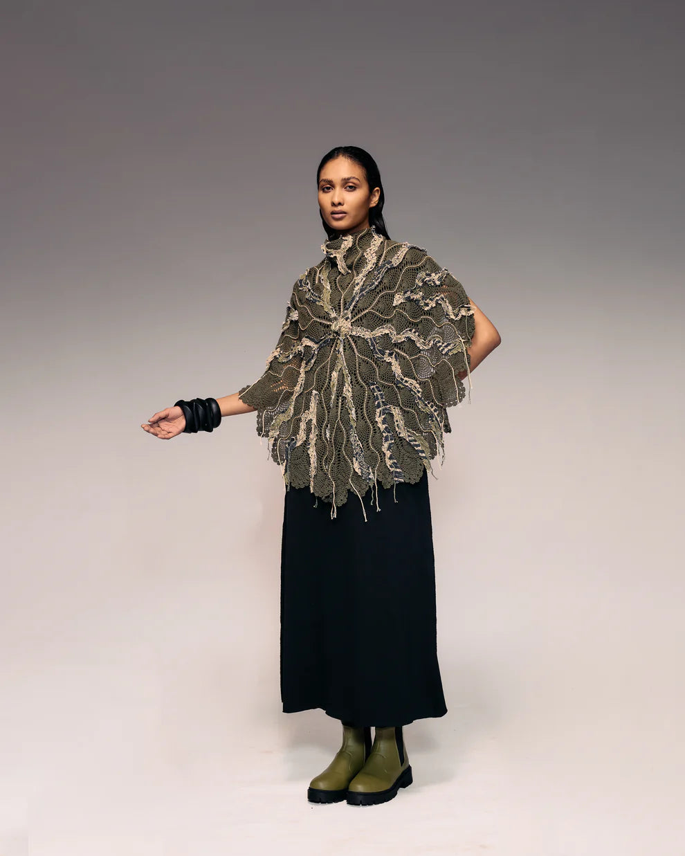 Olive Embroidered Crochet Cape