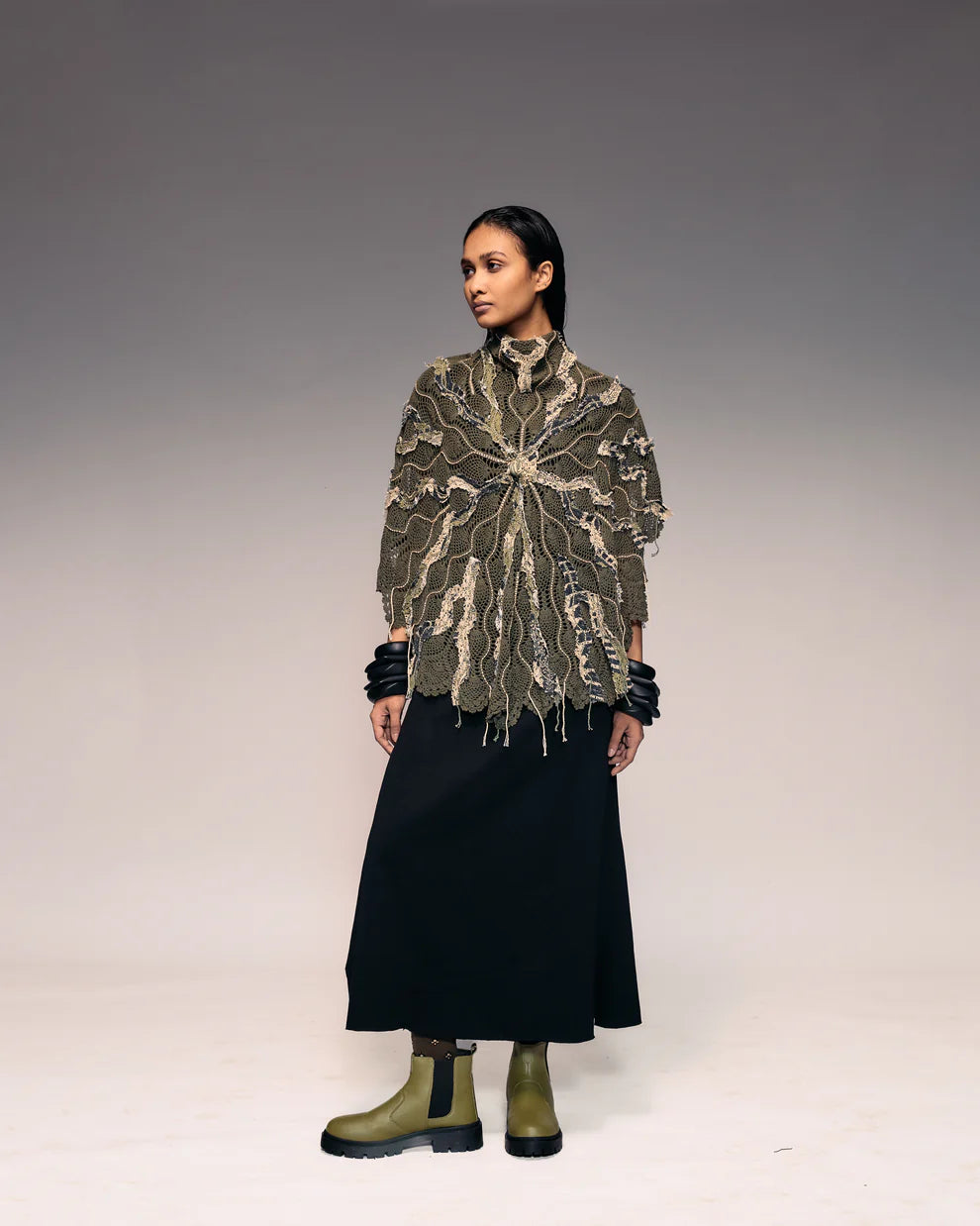 Olive Embroidered Crochet Cape