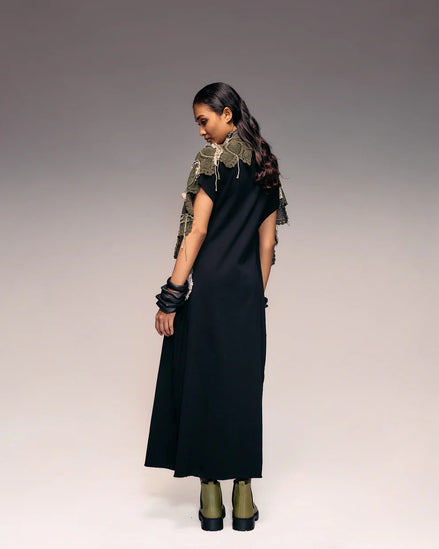 Olive Embroidered Crochet Cape with Knit Midi Dress Set