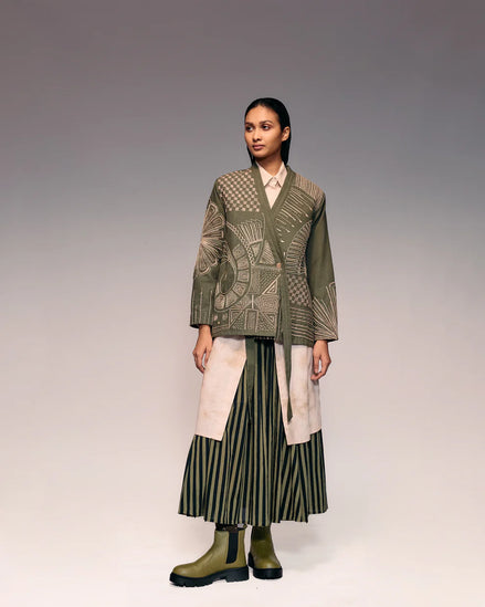 Olive Kantha Embroidered Khadi Jacket