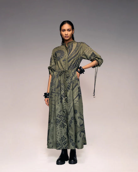 Olive Print Drawstring Dress