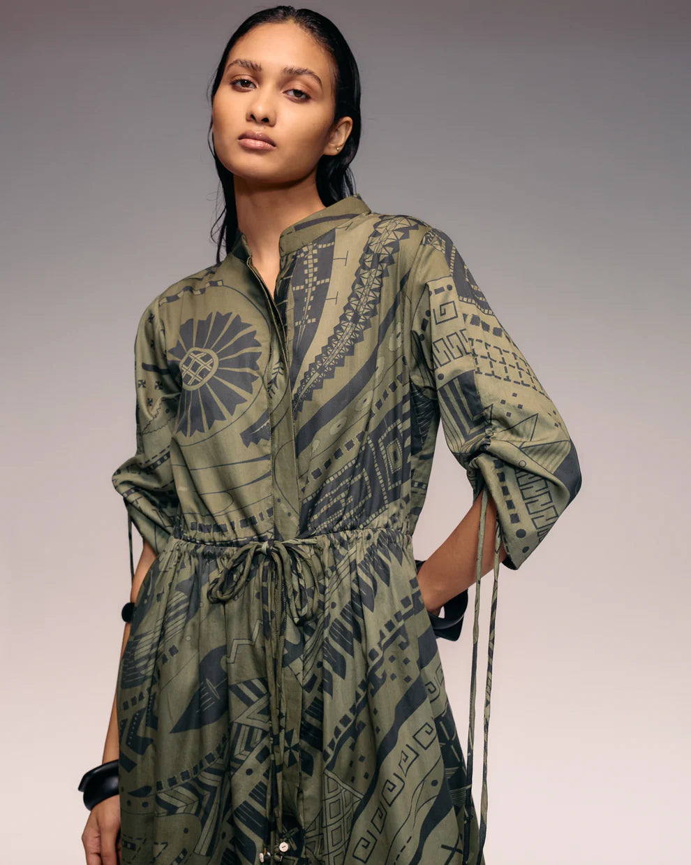 Olive Print Drawstring Dress