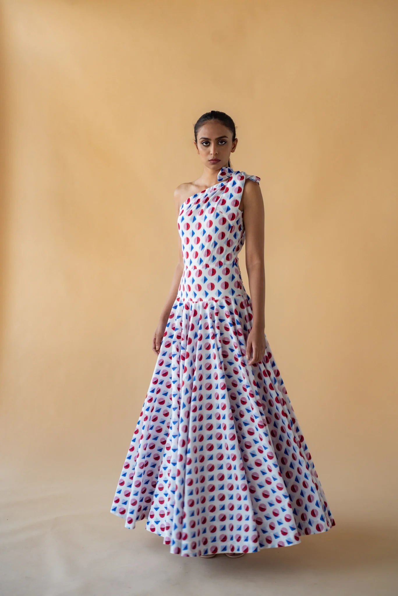 One Shoulder Long Dress - Geometric Print