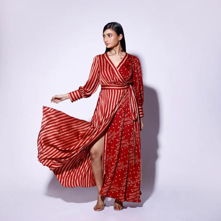 Red Printed Wrap Dress