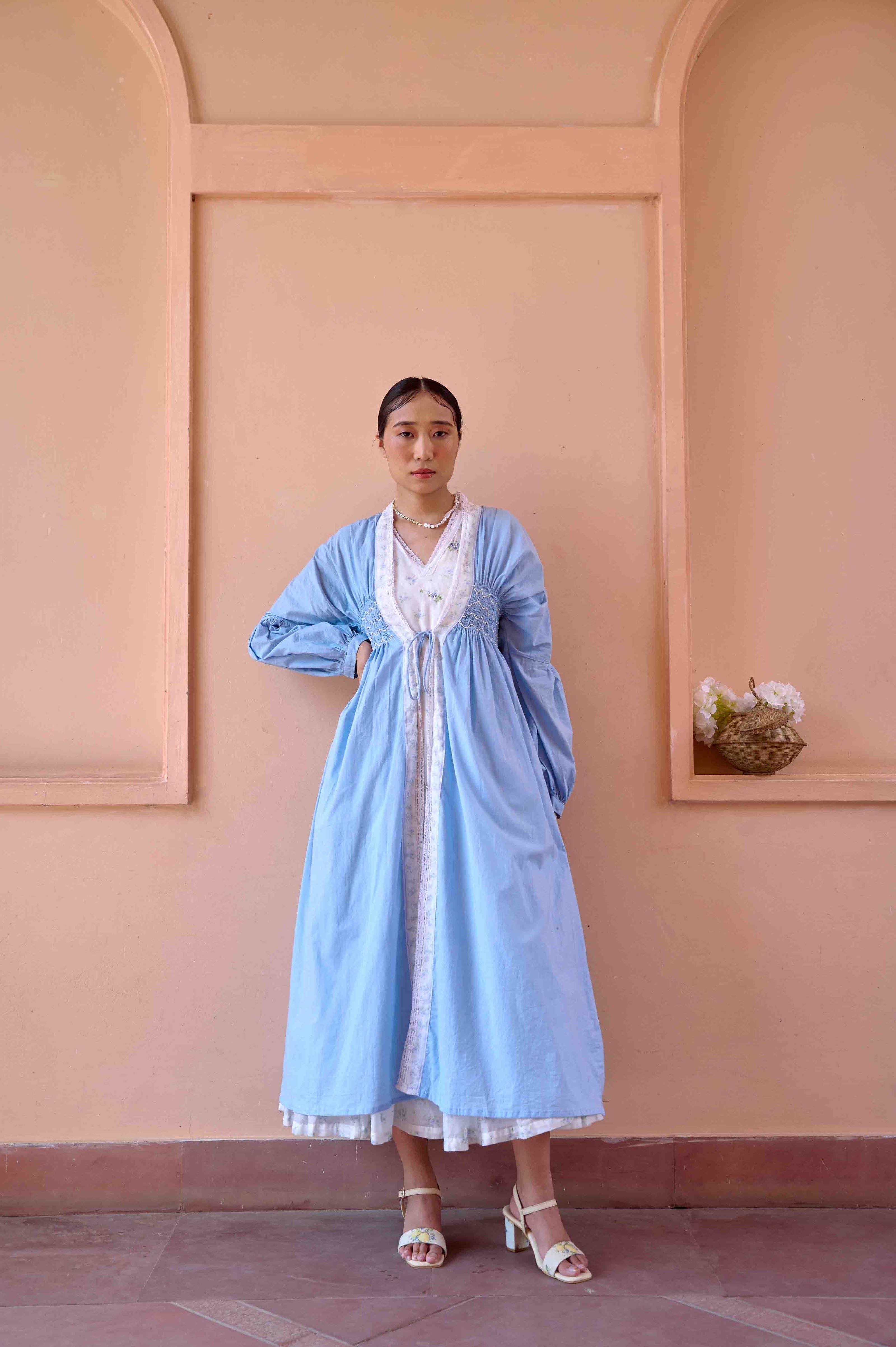 Rose Dress and Jacket Set - Blue and White