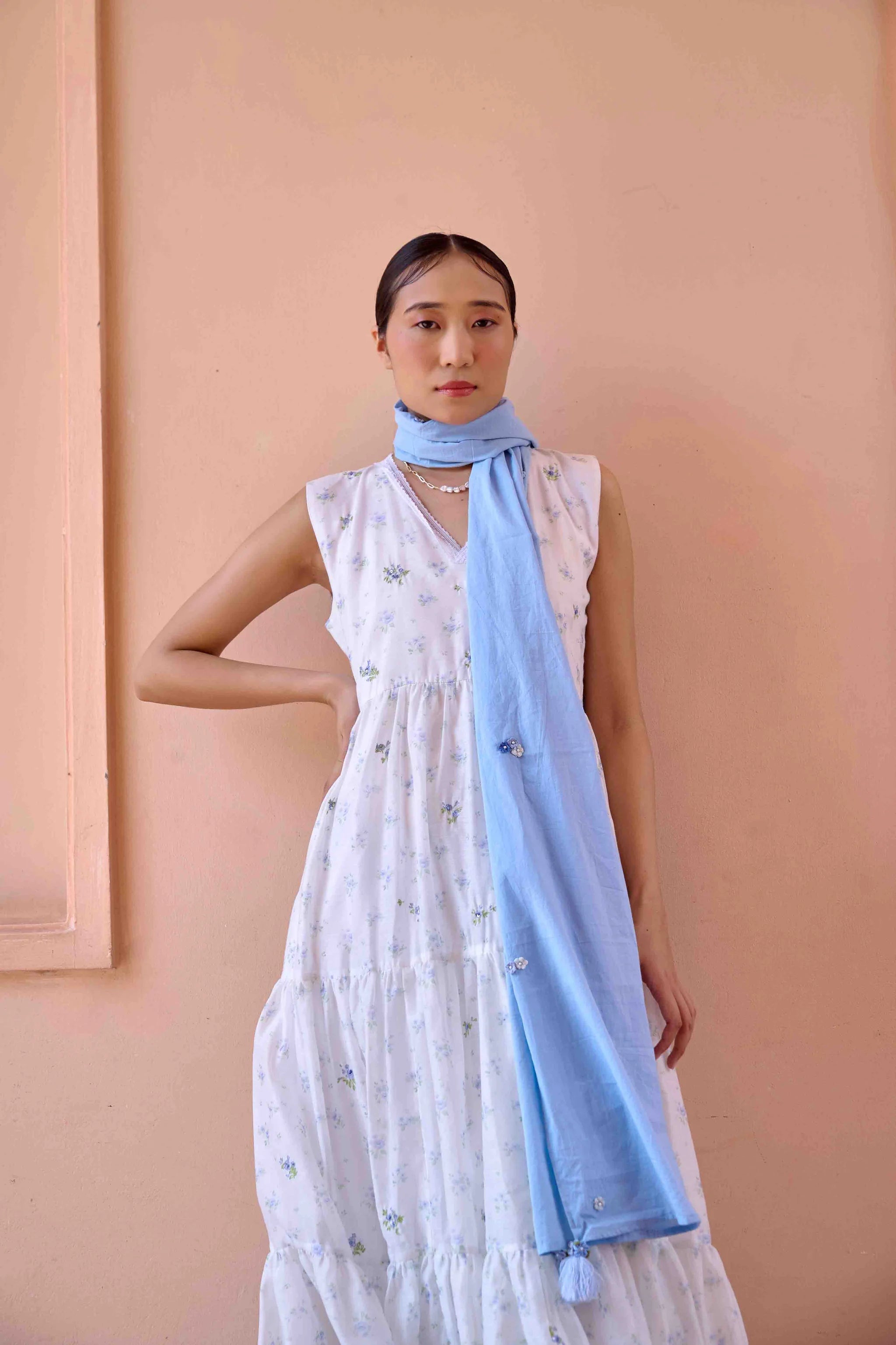 Rose Dress and Jacket Set - Blue and White