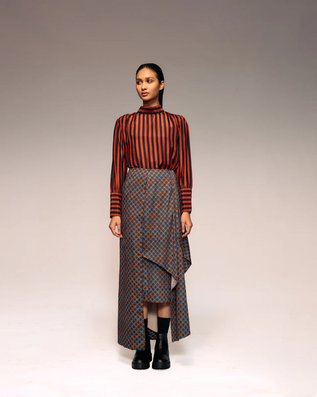 Rust Black Check Drape Skirt