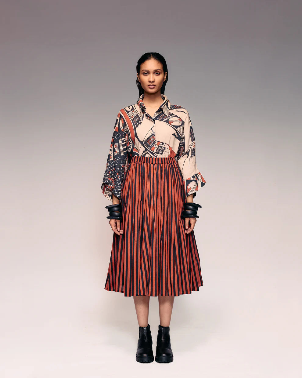 Rust Black Stripe Gathered Skirt