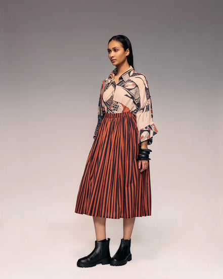 Rust Black Stripe Gathered Skirt