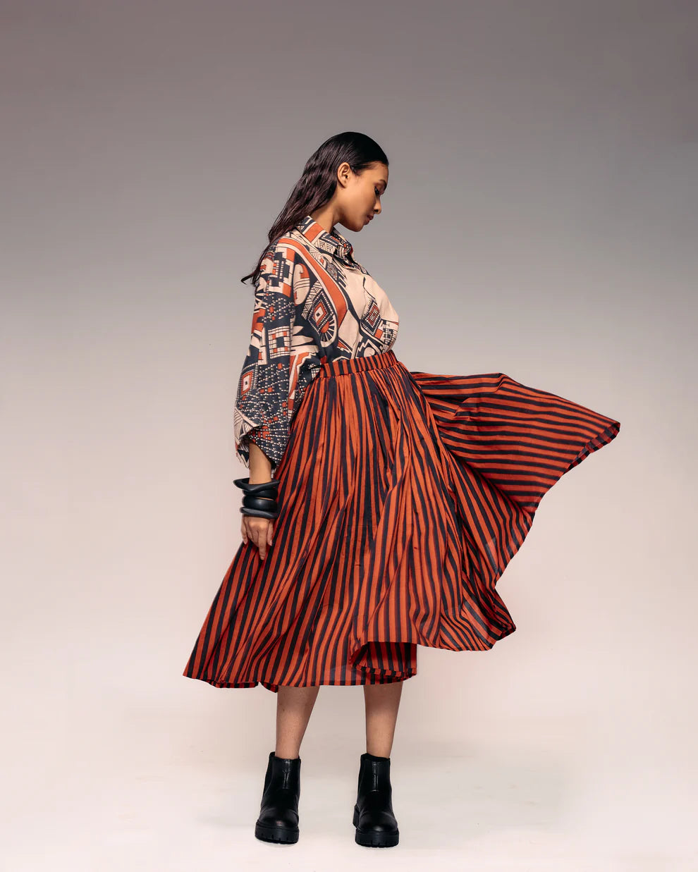 Rust Black Stripe Gathered Skirt