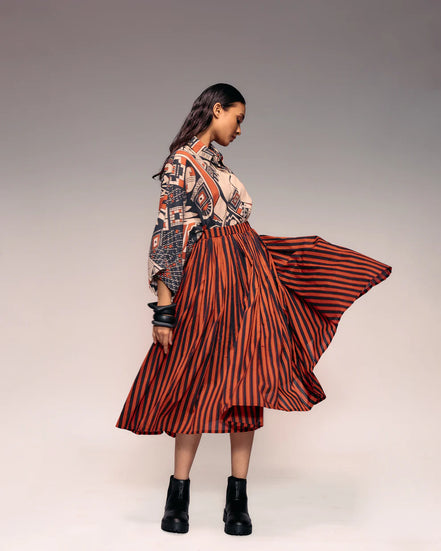 Rust Black Stripe Gathered Skirt