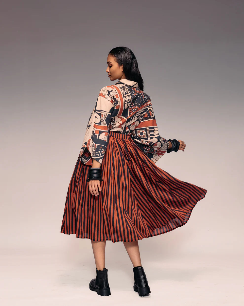 Rust Black Stripe Gathered Skirt