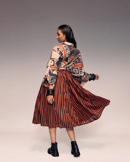 Rust Black Stripe Gathered Skirt