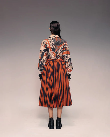 Rust Black Stripe Gathered Skirt