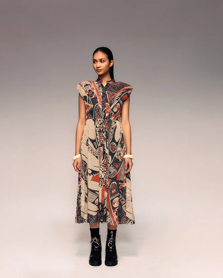 Rust Print Cotton Net Drawstring Dress