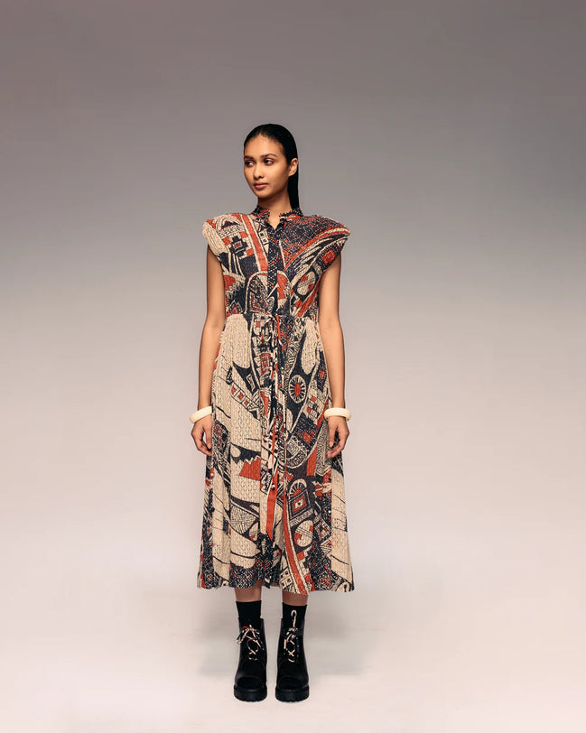 Rust Print Cotton Net Drawstring Dress